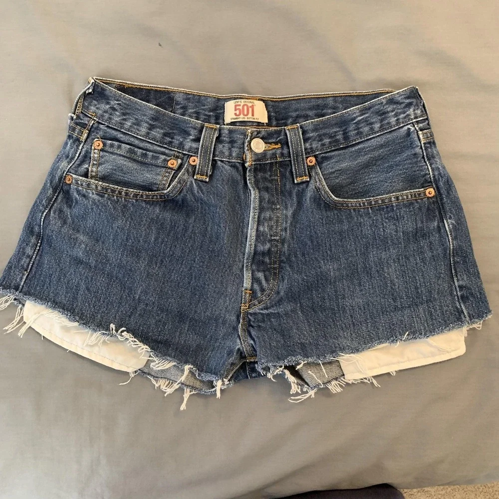 Levi's 501 Shorts Mens 31 Blue Denim Cutoff Frayed Button Fly‎ High Rise Cheeky